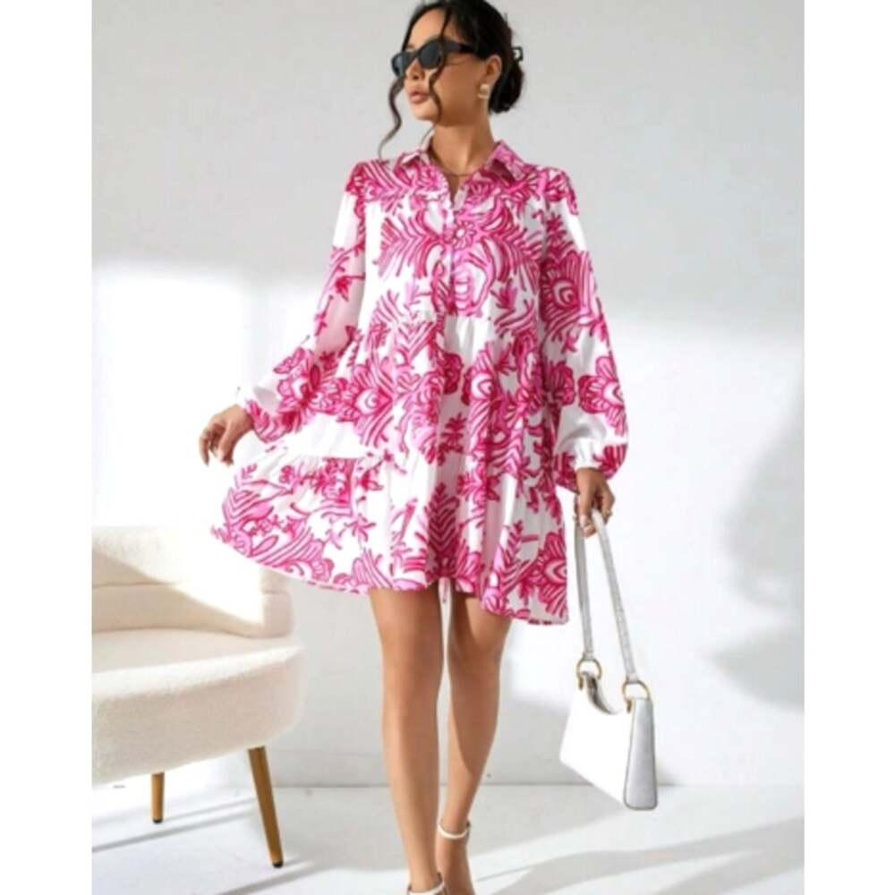 SHEIN Pink White Print Tiered Babydoll Shirt Dress Long Balloon Sleeve Mini M